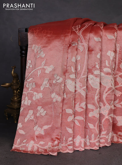 Pure tissue silk saree dark peach with applique work and scallop border