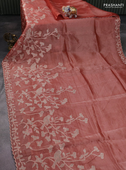 Pure tissue silk saree dark peach with applique work and scallop border