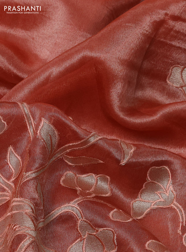 Pure tissue silk saree dark peach with applique work and scallop border
