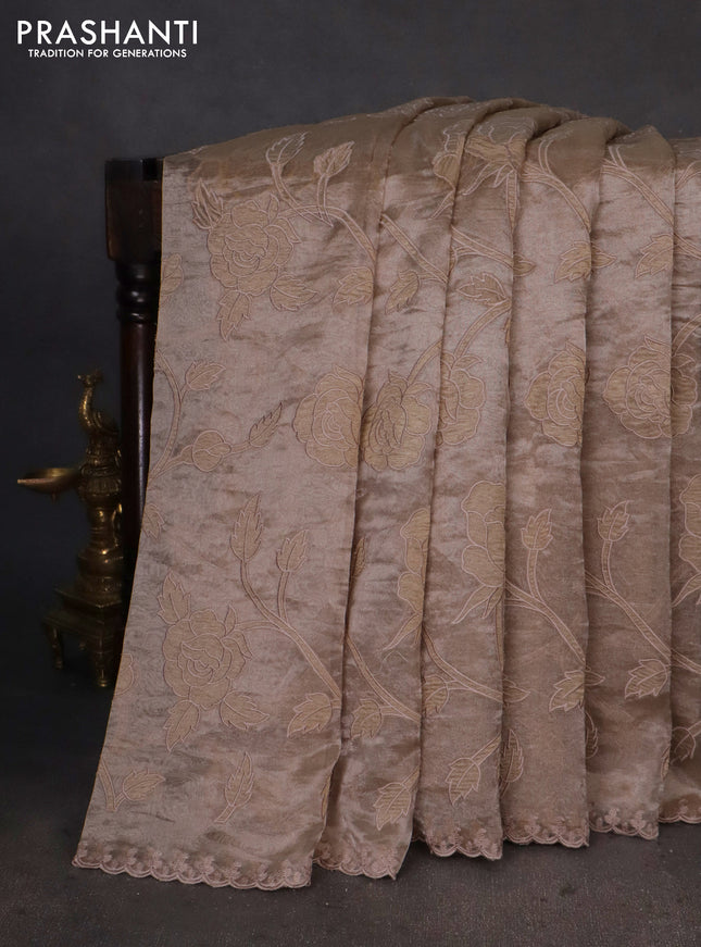 Pure tissue silk saree beige with allover floral embroidery applique work and embroidery scallop border