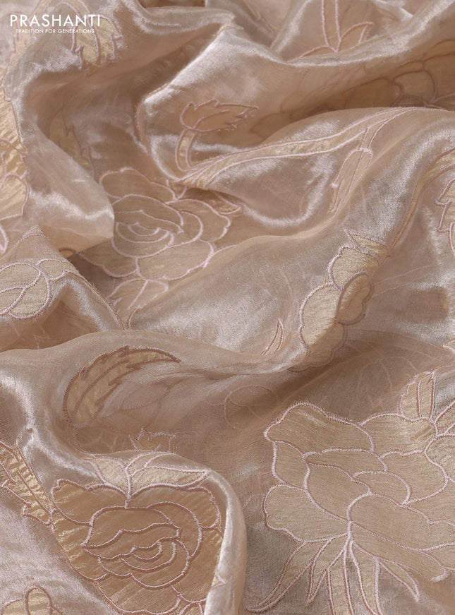 Pure tissue silk saree beige with allover floral embroidery applique work and embroidery scallop border