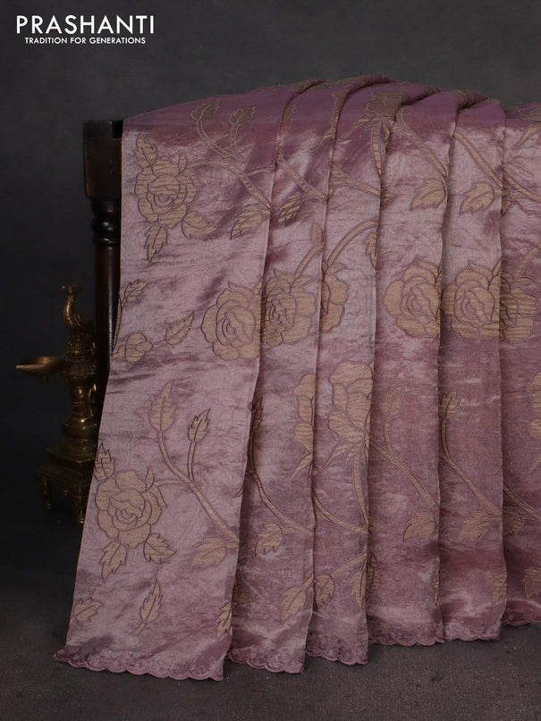 Pure tissue silk saree pastel pink with allover floral embroidery applique work and embroidery scallop border
