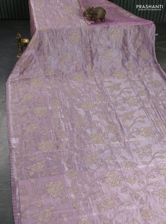 Pure tissue silk saree pastel pink with allover floral embroidery applique work and embroidery scallop border
