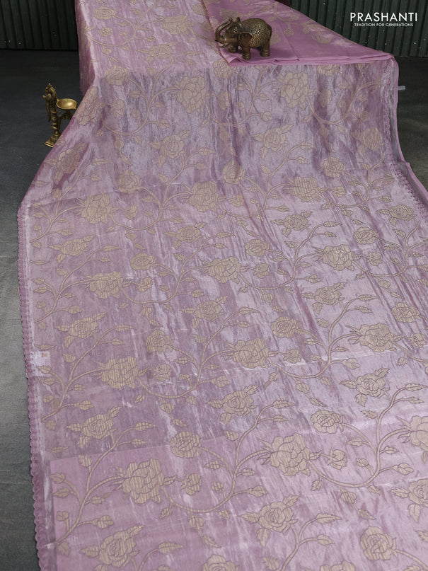 Pure tissue silk saree pastel pink with allover floral embroidery applique work and embroidery scallop border