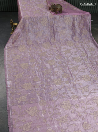 Pure tissue silk saree pastel pink with allover floral embroidery applique work and embroidery scallop border