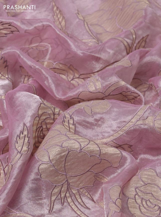 Pure tissue silk saree pastel pink with allover floral embroidery applique work and embroidery scallop border