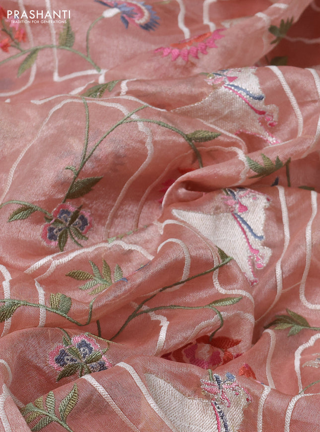 Pure tissue silk saree pastel peach with allover pichwai embroidery work and embroidery border