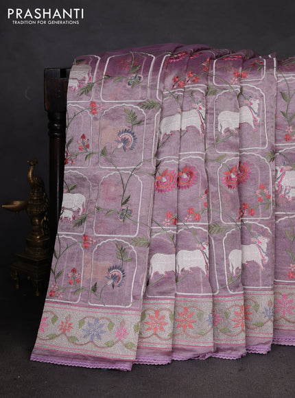 Pure tissue silk saree pastel lavender with allover pichwai embroidery work and embroidery border