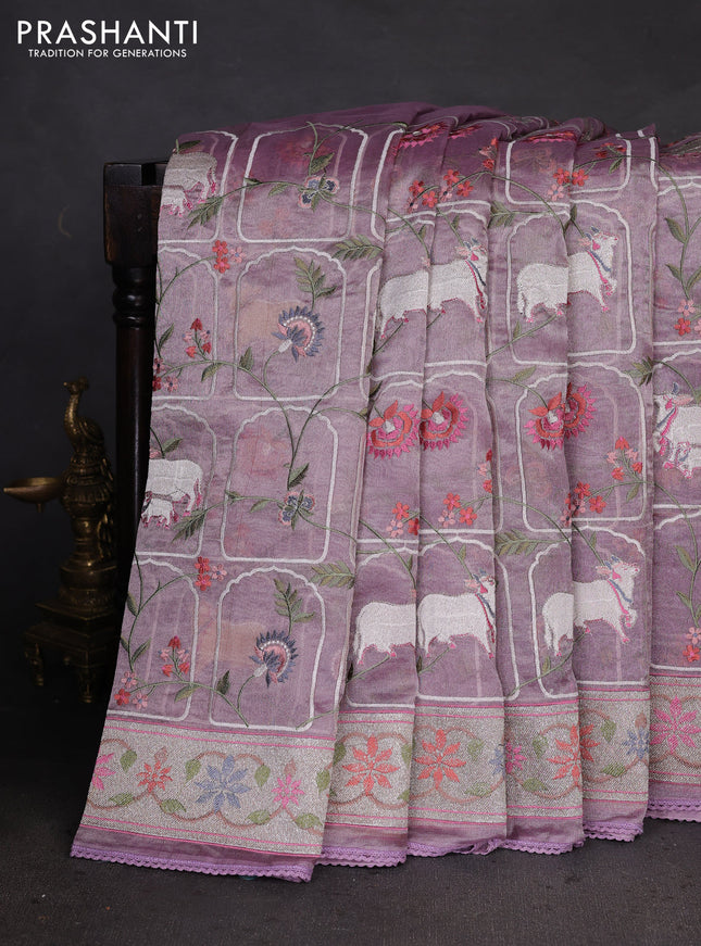 Pure tissue silk saree pastel lavender with allover pichwai embroidery work and embroidery border