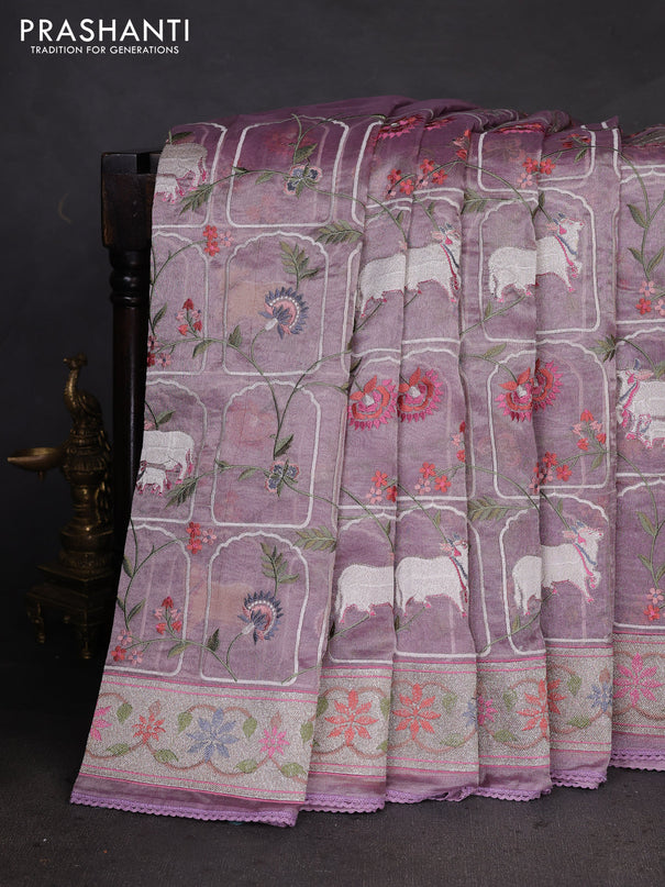 Pure tissue silk saree pastel lavender with allover pichwai embroidery work and embroidery border
