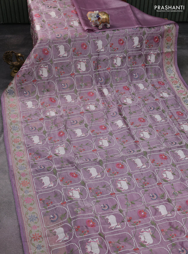 Pure tissue silk saree pastel lavender with allover pichwai embroidery work and embroidery border