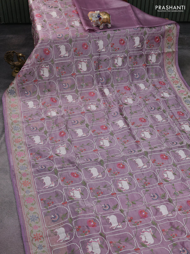 Pure tissue silk saree pastel lavender with allover pichwai embroidery work and embroidery border