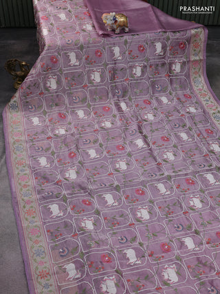 Pure tissue silk saree pastel lavender with allover pichwai embroidery work and embroidery border