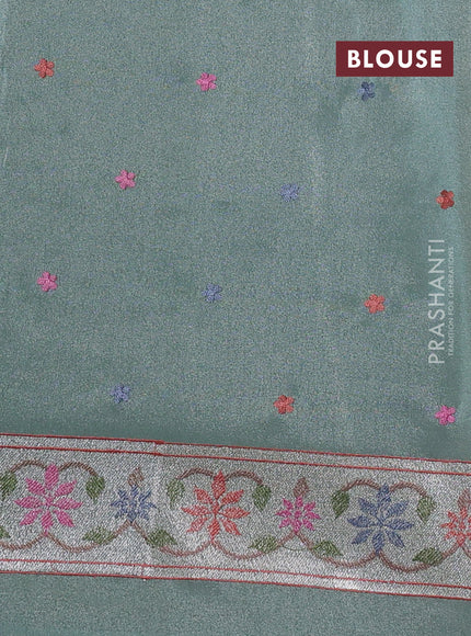 Pure tissue silk saree pista green shade with allover pichwai embroidery work and embroidery border