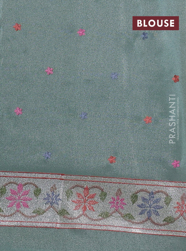 Pure tissue silk saree pista green shade with allover pichwai embroidery work and embroidery border