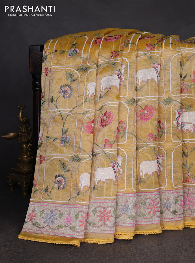 Pure tissue silk saree mustard yellow with allover pichwai embroidery work and embroidery border