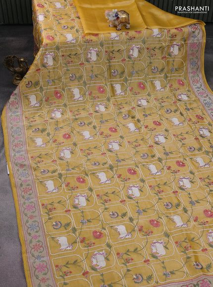 Pure tissue silk saree mustard yellow with allover pichwai embroidery work and embroidery border