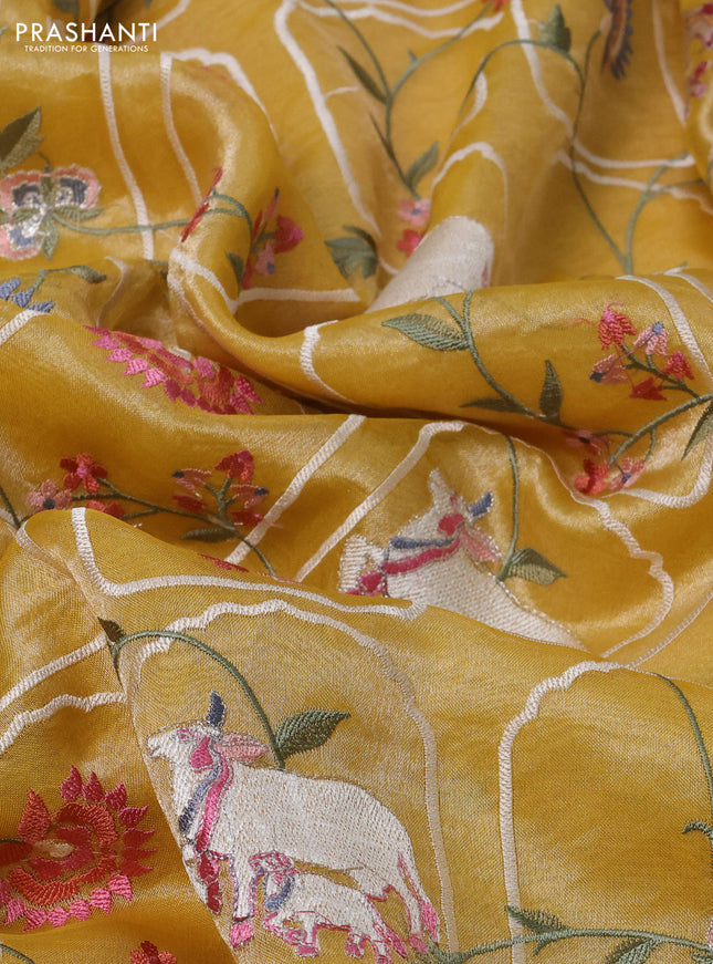 Pure tissue silk saree mustard yellow with allover pichwai embroidery work and embroidery border