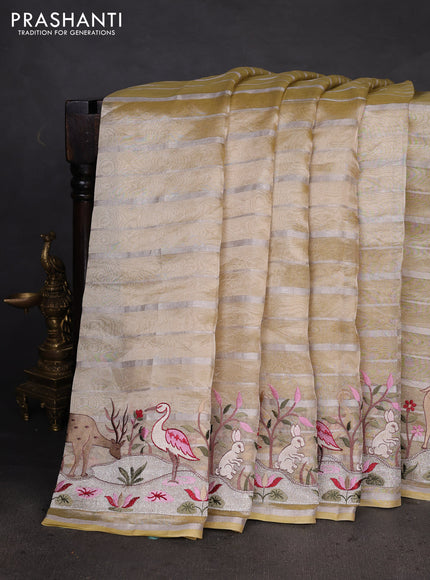 Pure tissue silk saree pale yellow with allover silver zari strip pattern & beaded work and embroidery border