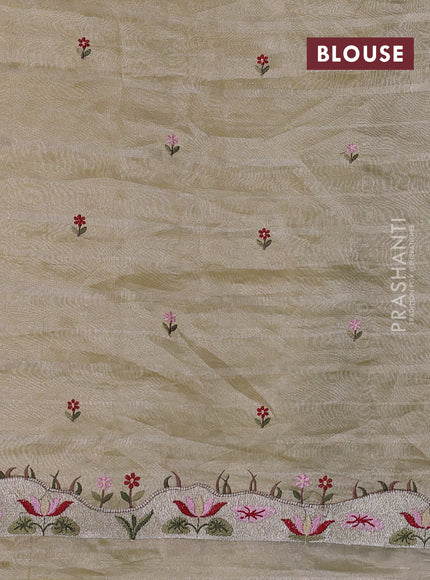 Pure tissue silk saree pale yellow with allover silver zari strip pattern & beaded work and embroidery border