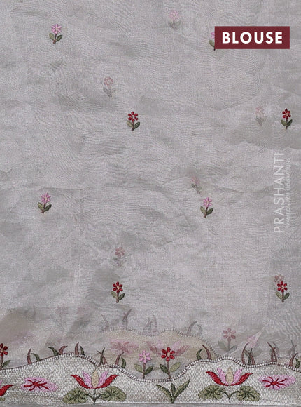Pure tissue silk saree pastel grey with allover silver zari strip pattern & beaded work and embroidery border