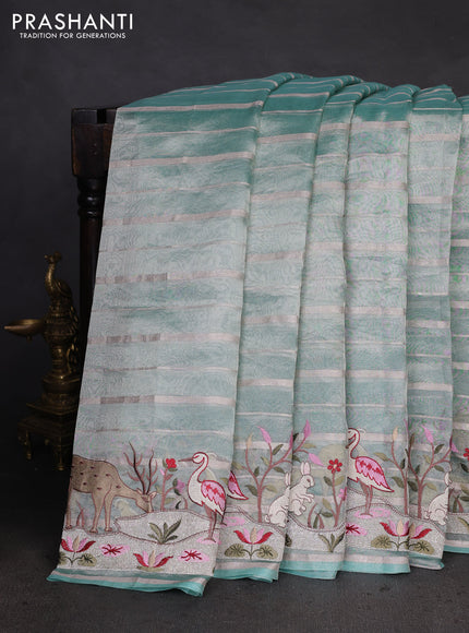 Pure tissue silk saree teal blue with allover silver zari strip pattern & beaded work and embroidery border