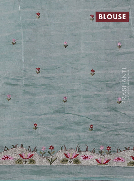 Pure tissue silk saree teal blue with allover silver zari strip pattern & beaded work and embroidery border