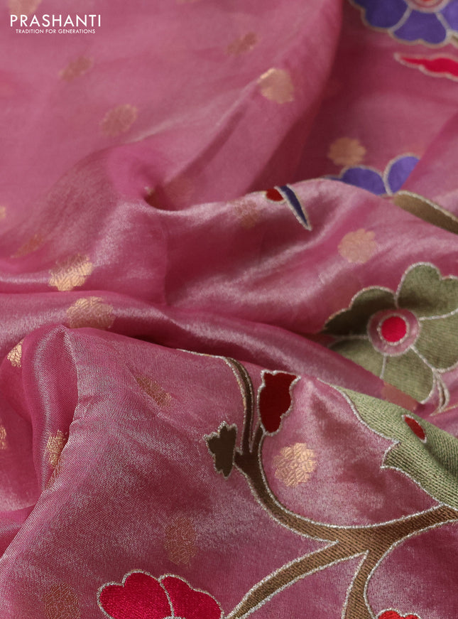 Pure tissue silk saree pink with allover zari woven buttas and zari woven border