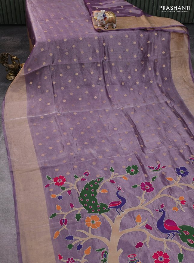 Pure tissue silk saree mild purple with allover zari woven buttas and zari woven border