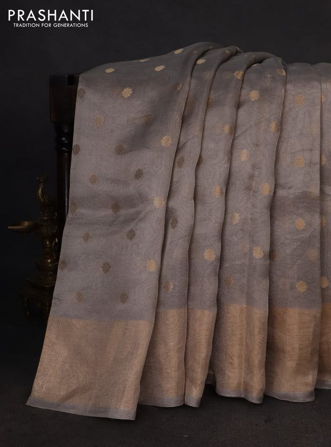 Pure tissue silk saree grey with allover zari woven buttas and zari woven border