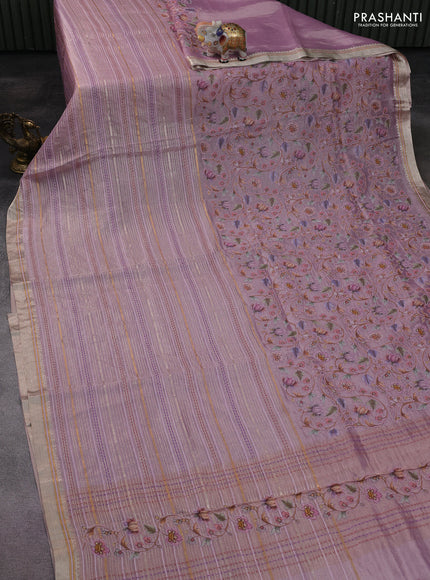 Pure tissue silk saree pastel pink with half & half style kalamkari applique