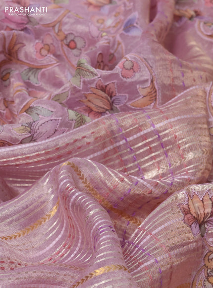 Pure tissue silk saree pastel pink with half & half style kalamkari applique