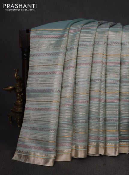 Pure tissue silk saree pastel blue with half & half style kalamkari applique