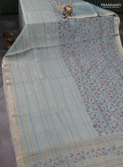 Pure tissue silk saree pastel blue with half & half style kalamkari applique
