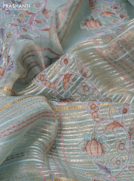 Pure tissue silk saree pastel blue with half & half style kalamkari applique