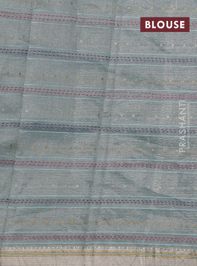 Pure tissue silk saree pastel blue with half & half style kalamkari applique