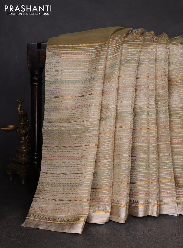 Pure tissue silk saree beige with half & half style kalamkari applique
