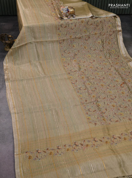 Pure tissue silk saree beige with half & half style kalamkari applique