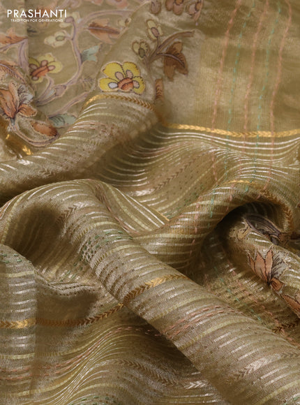 Pure tissue silk saree beige with half & half style kalamkari applique