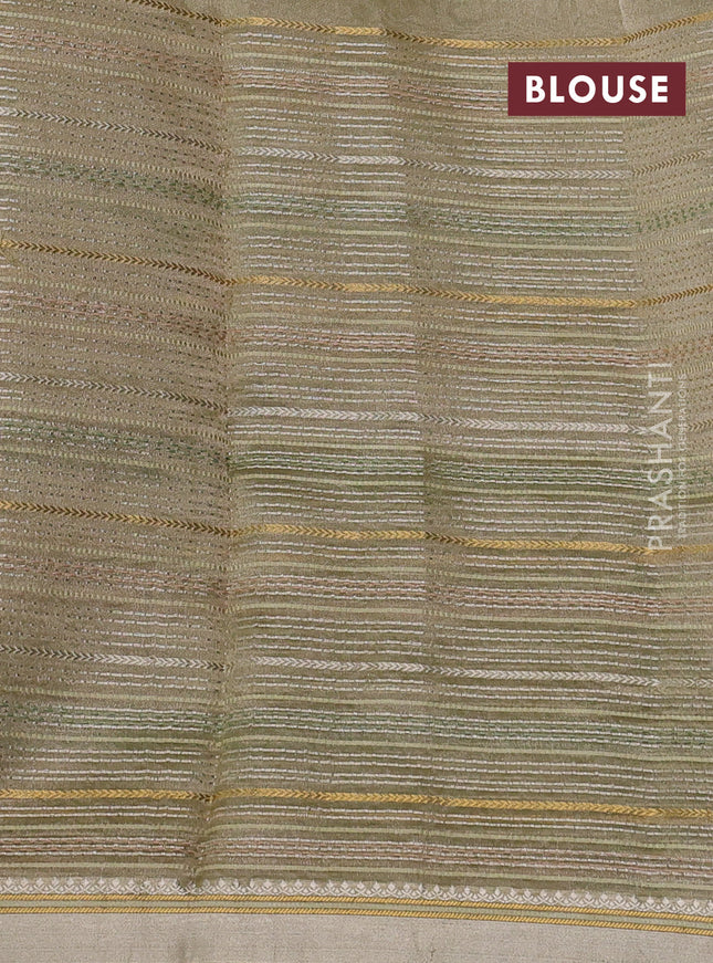 Pure tissue silk saree beige with half & half style kalamkari applique