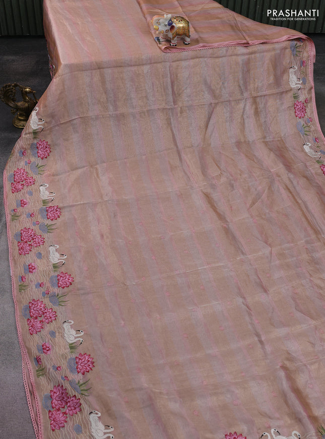 Pure tissue silk saree pastel peach with allover stripe pattern and embroidery border