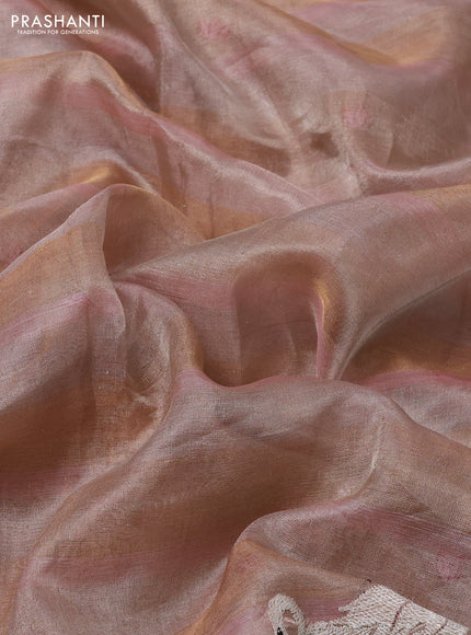 Pure tissue silk saree pastel peach with allover stripe pattern and embroidery border