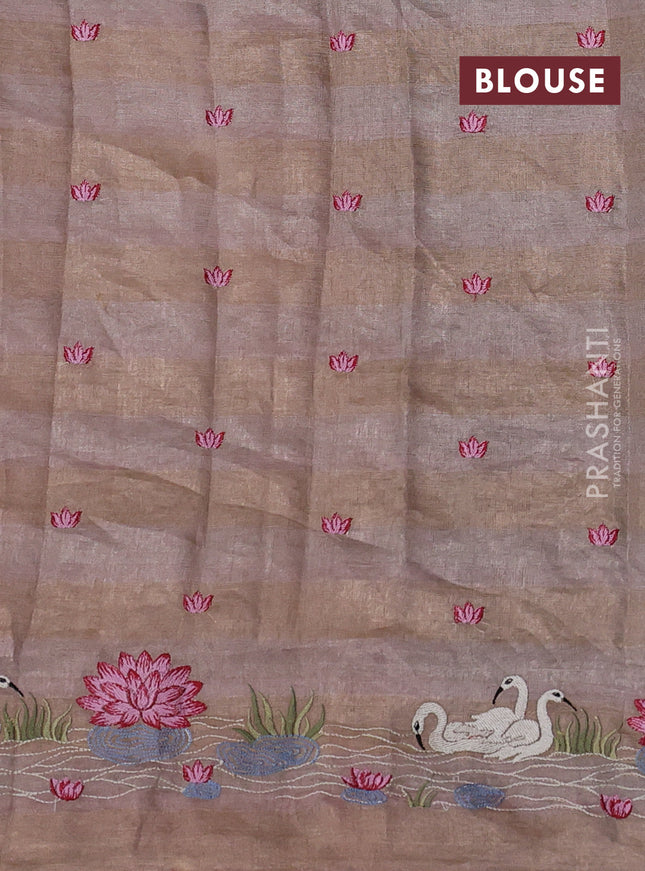 Pure tissue silk saree pastel peach with allover stripe pattern and embroidery border