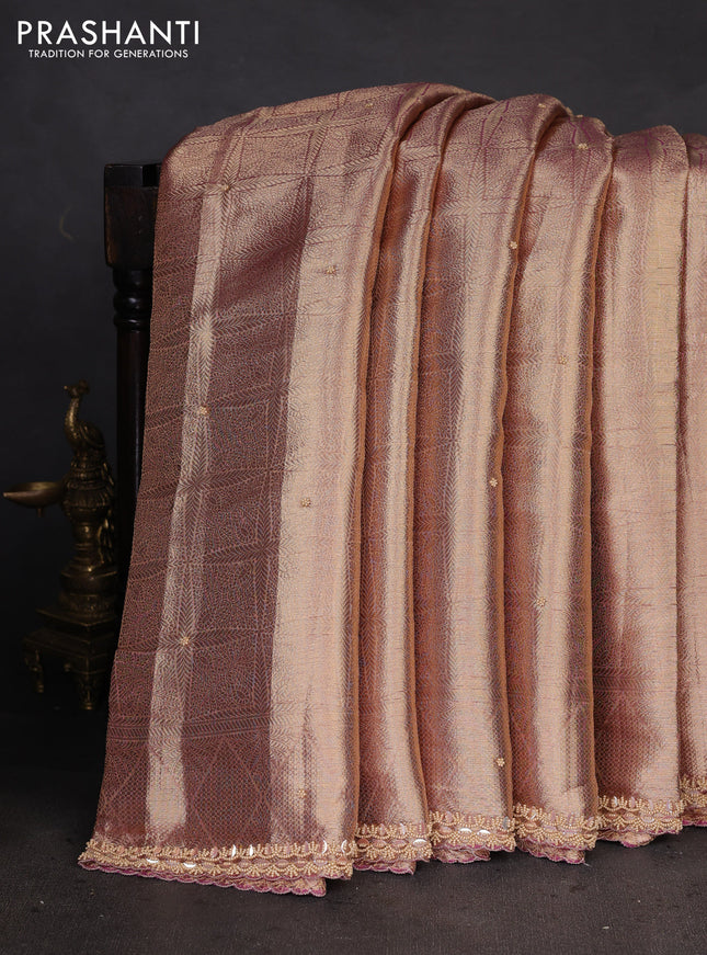 Pure tissue silk saree dual shade of pinkish gold with allover zari woven brocade weaves & beaded work and beaded work border