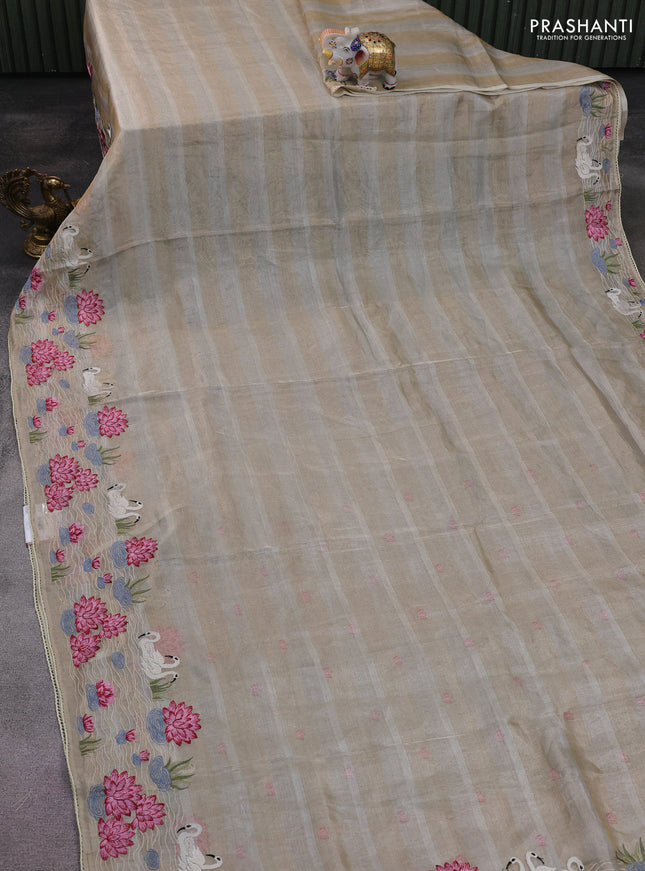 Pure tissue silk saree beige with allover stripe pattern and embroidery border