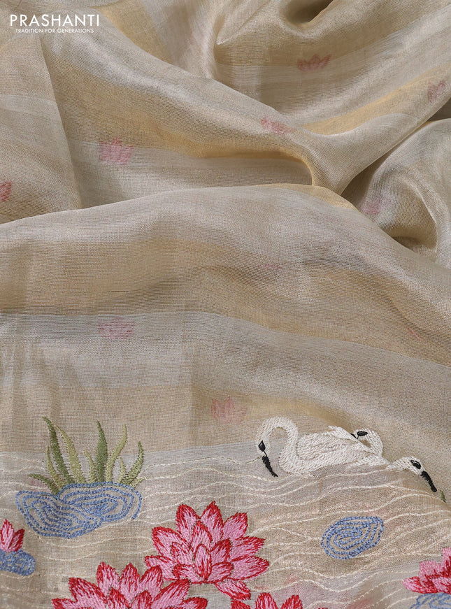 Pure tissue silk saree beige with allover stripe pattern and embroidery border