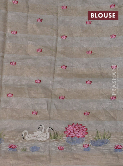 Pure tissue silk saree beige with allover stripe pattern and embroidery border