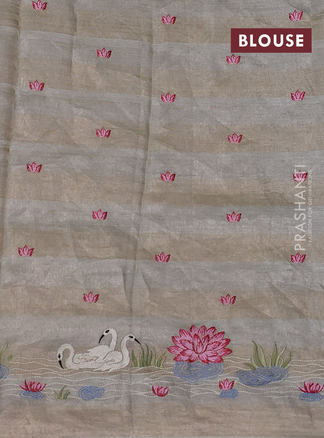 Pure tissue silk saree beige with allover stripe pattern and embroidery border