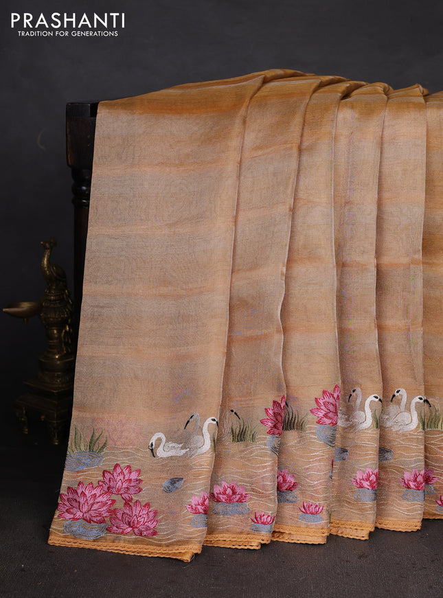 Pure tissue silk saree sandal with allover stripe pattern and embroidery border