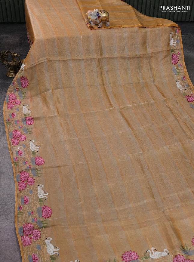 Pure tissue silk saree sandal with allover stripe pattern and embroidery border